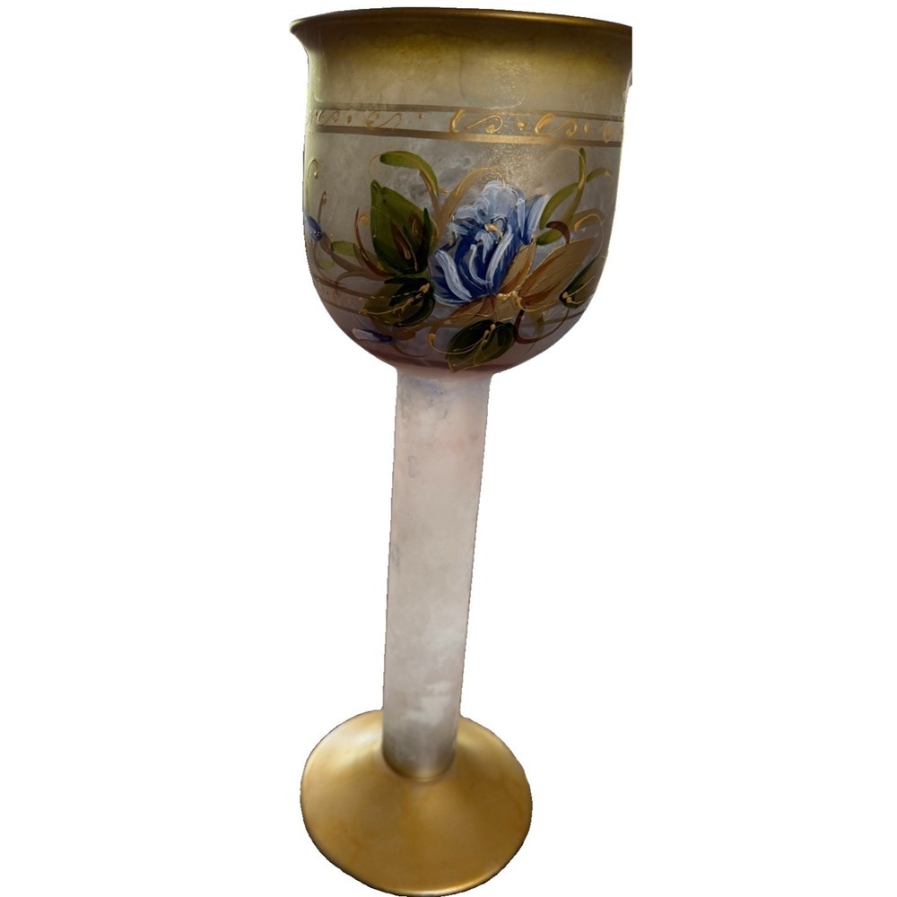 GIPAR HAND BLOWN PAINTED FLORAL 24K GILDED PEDESTAL GLASS CANDLE HOLDER 13.5"